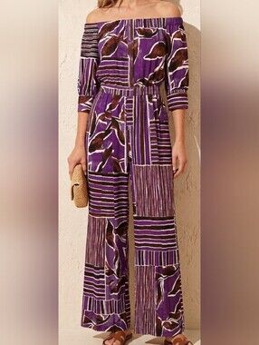 Dee Ocleppo Plum Water Color Branche Pull-On Jumpsuit Pockets, Off Shoulder, XS